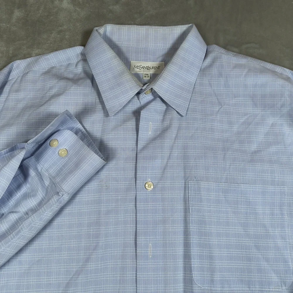 Vintage Yves Saint Laurent‎ Shirt Mens 17.5 Blue Plaid Long Sleeve Button Up USA